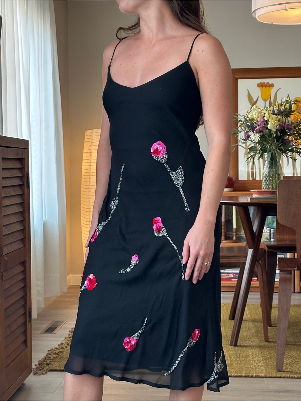 RARE Betsey Johnson Vintage Black Silk Dress with Pink Floral Beading